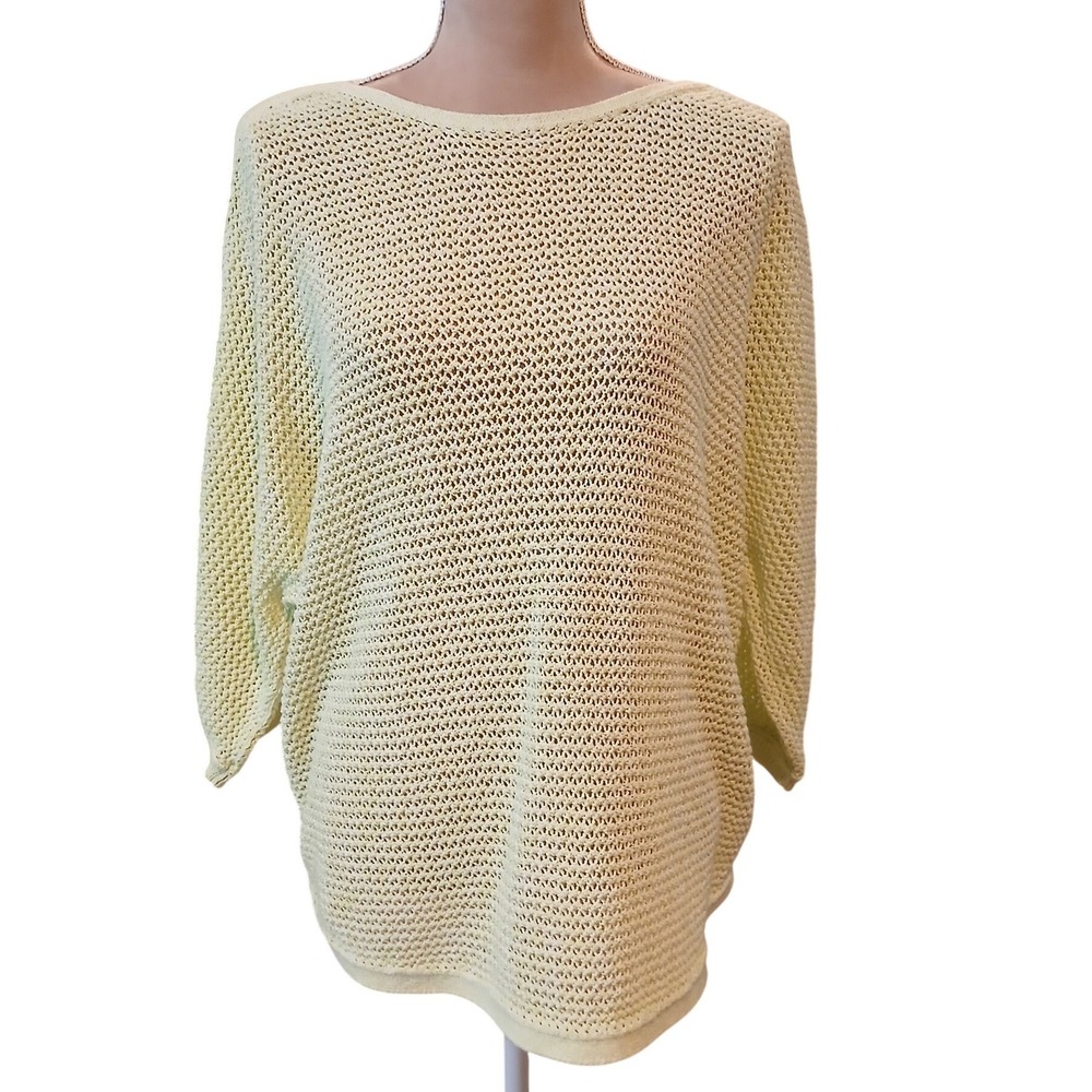 J. Jill Green Yellow Open Knit Pullover Sweater Boat Neck Dolman Sleeve Womens